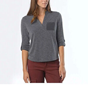 PRANA Ashlyn heather grey mixed media tab sleeve split 'V' neck hi low blouse